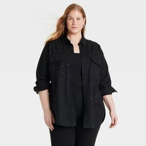 Long Sleeve Embellished Denim Button-Down Shirt Women's - Ava & Viv Black 2X